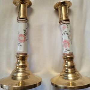 Vintage Pair Brass hand painted porcelain florals candle stick holders